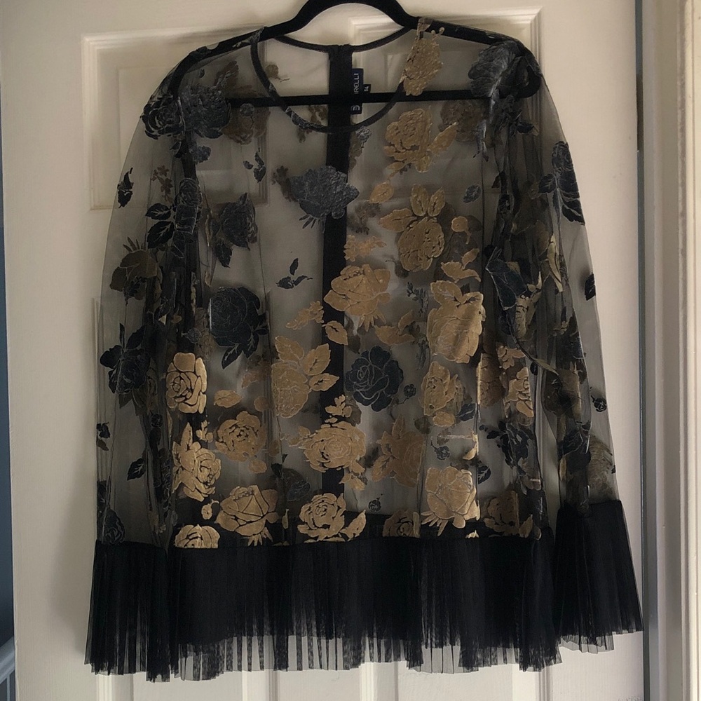 Sheer Black Blouse with Gold Floral Appliqué and Tulle Hem